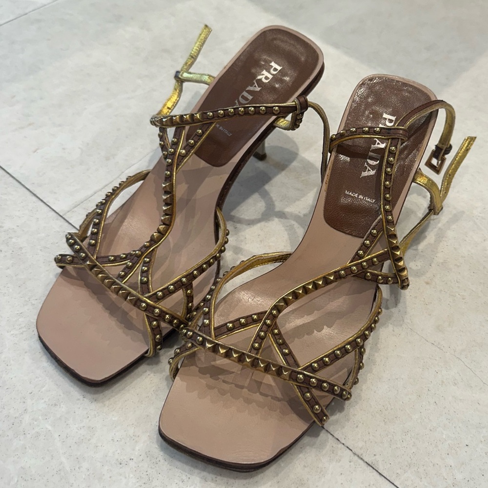 Prada Gold Strappy Heels with Studs